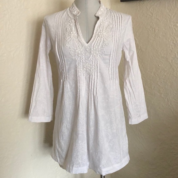 Lilly Pulitzer Sarasota White Beaded Pleated Patterned Tunic Top XS Blouse - Picture 3 of 16